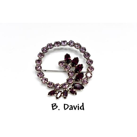 Vintage 1960s B David Purple Rhinestone Floral Brooch, Rhodium Plated - Picture 1 of 10